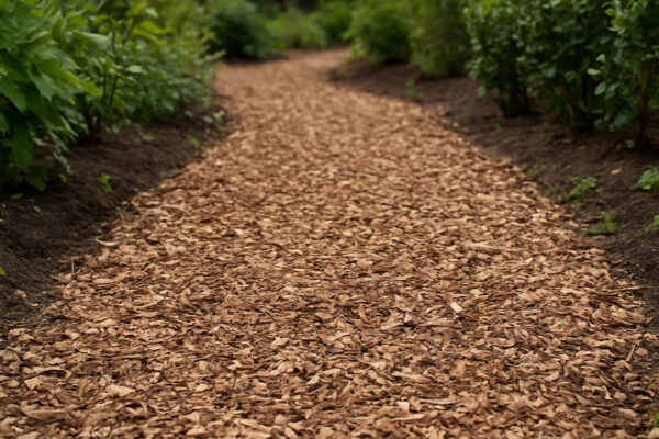 Gartenweg mit holzigem Häckselmaterial als natürlicher Bodenbelag