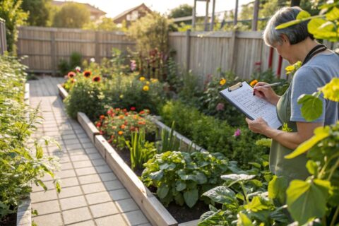 Gärtner mit Düngeplan im Garten zur optimalen Pflanzenpflege