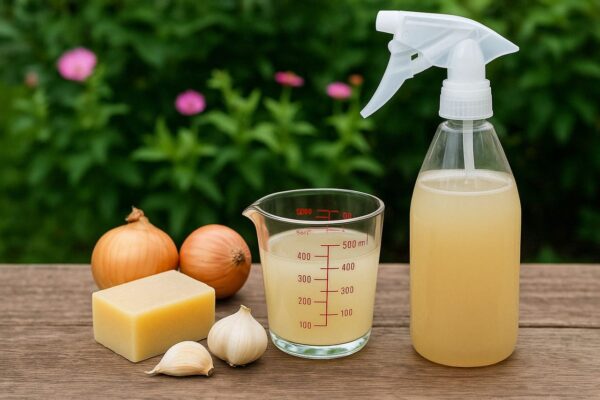 Zutaten für ein Hausmittel gegen Blattläuse: Seife, Zwiebeln, Knoblauch und Sprühflasche auf Holztisch im Garten