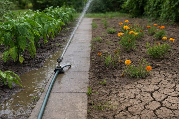Beet mit Überwässerung, trockenem Boden und falsch ausgerichtetem Sprinkler als Beispiele für Bewässerungsfehler.