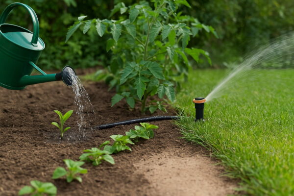 Garten mit Gießkanne, Tropfbewässerung und Rasensprinkler als Beispiele für verschiedene Bewässerungsmethoden.