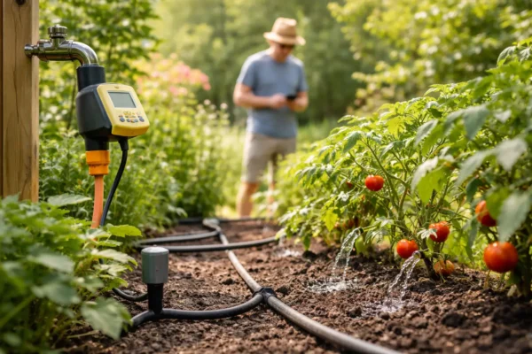 Automatische Bewässerung im Garten – Beispiel für ein Bewässerungssystem Automatische Bewässerung im Garten mit Tropfsystem und Bewässerungscomputer