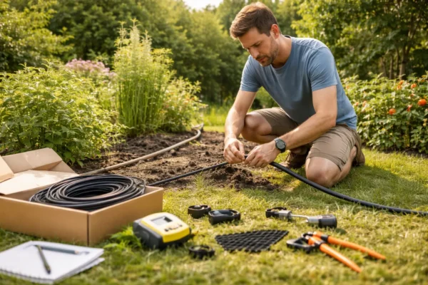 Automatische Bewässerung installieren – Aufwand und Technik im Garten Installation einer automatischen Bewässerung im Garten mit Schläuchen und Steuerung