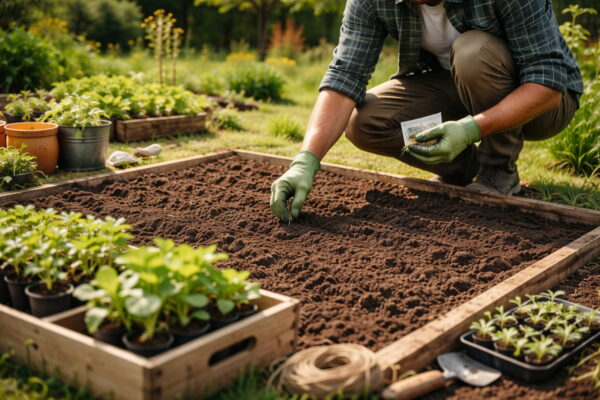 Aussaat im Beet bei Gartenarbeiten im Frühling Gartenarbeiten im Frühling: Aussaat von Gemüsesamen im vorbereiteten Beet