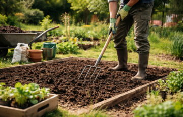 Gartenarbeiten im Frühling: Boden im Beet lockern und mit Kompost vorbereiten