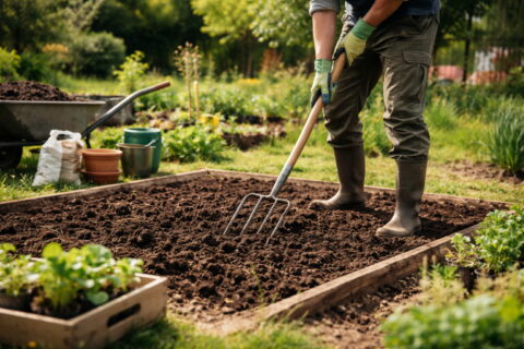 Gartenarbeiten im Frühling: Boden im Beet lockern und mit Kompost vorbereiten