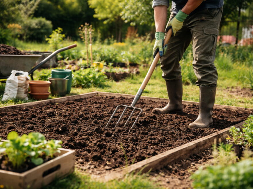 Gartenarbeiten im Frühling: Boden im Beet lockern und mit Kompost vorbereiten