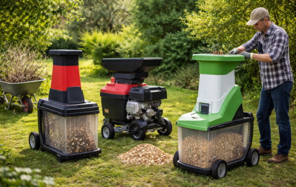 Verschiedene Häcksler-Arten im Garten beim Einsatz