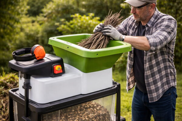 Gartenhäcksler sicher bedienen mit Handschuhen und Schutzbrille